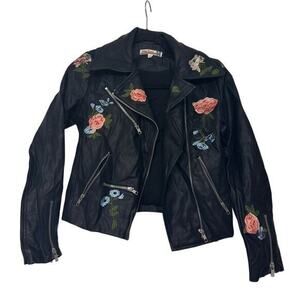 Vintage‎ Havana Black Faux Leather Moto Jacket Floral Embroidered Womens Medium